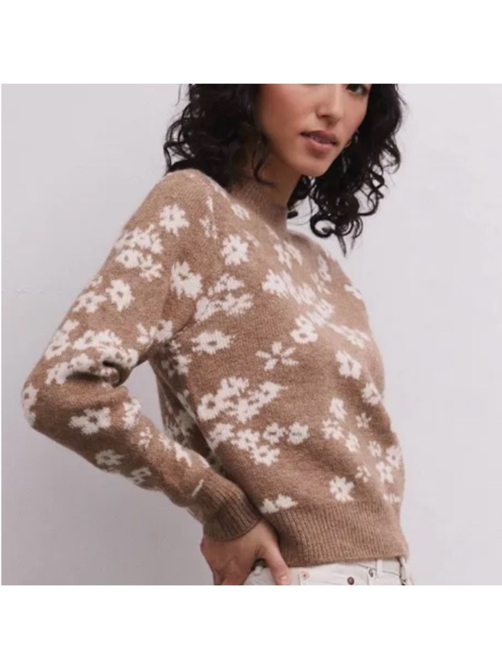 Z Supply Tory Floral Crewneck Sweater in Light Brown and Cream